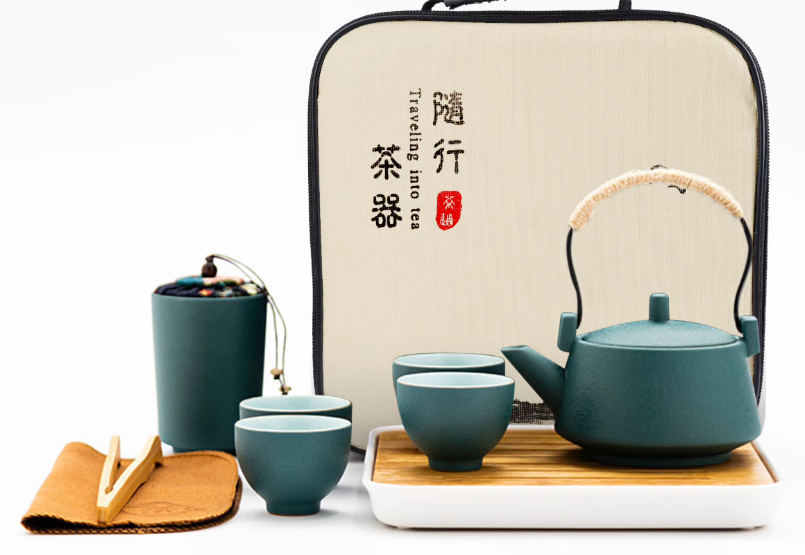 the Service à Thé Traditionnel Japonais et Chinois – Set en Porcelaine avec Plateau en Bambou – Image 1